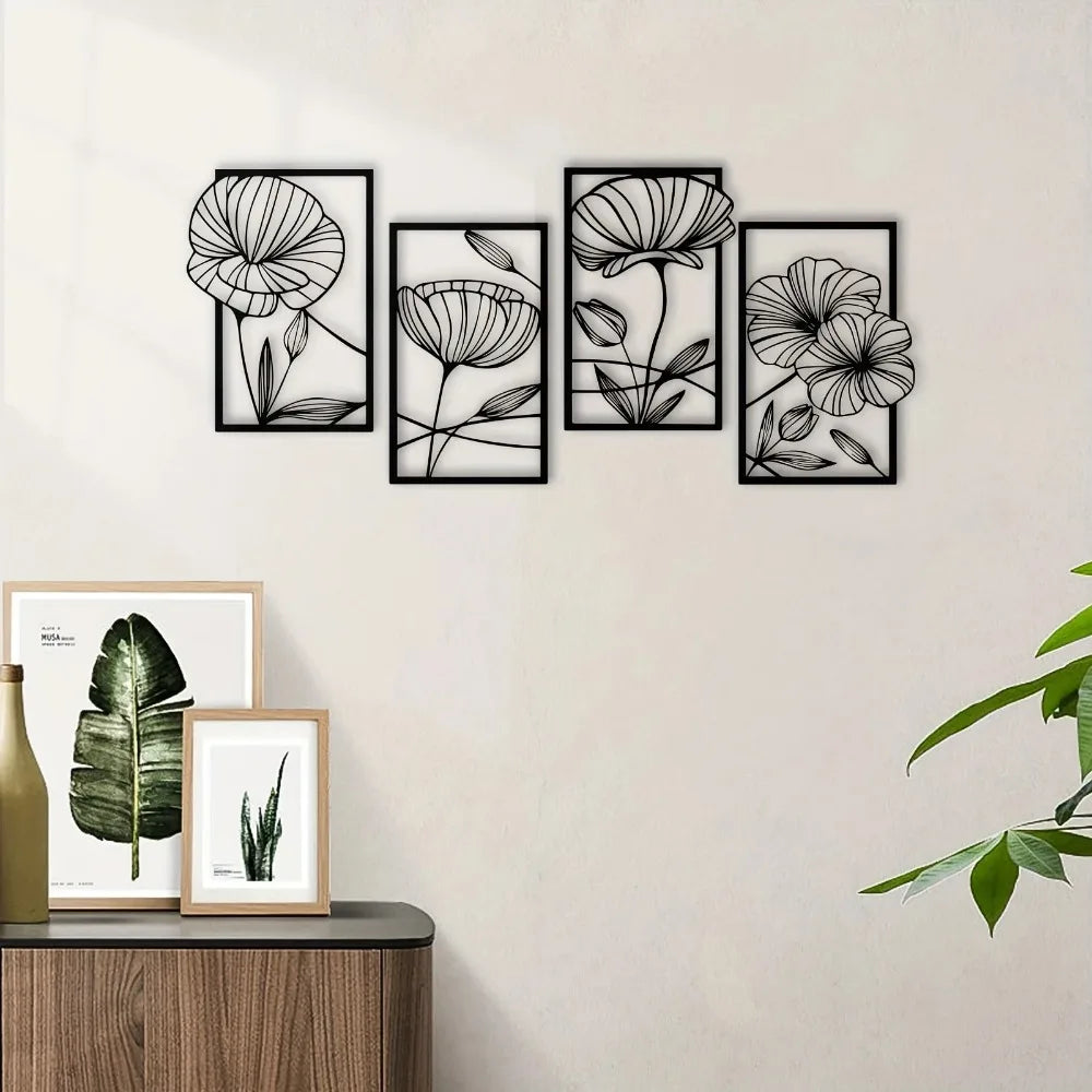 4-Piece Metal Lotus Wall Art – Minimalist Abstract Floral Hanging Sculpture