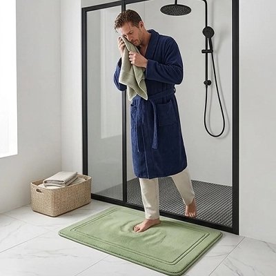Tapis salle de bain vert épouse la forme des pieds 